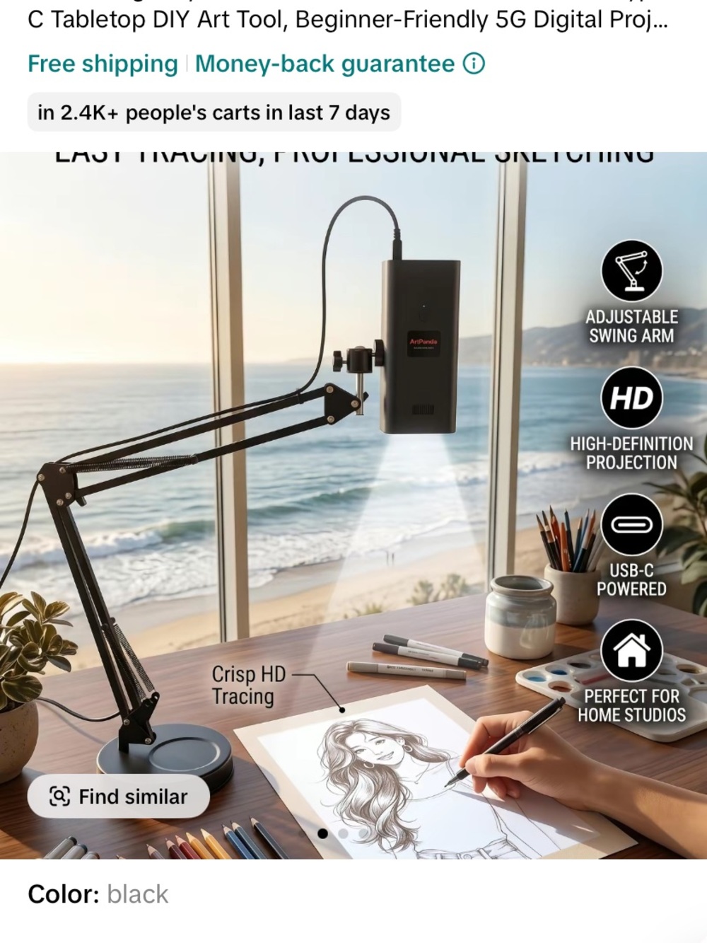 USB-C Portable Projector with Adjustable Swing Arm - Black